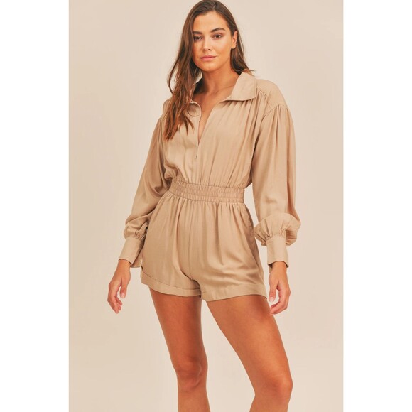 Mable Beige Long Sleeve Collared Smocked Waist Romper Shortalls Size S - Picture 1 of 6